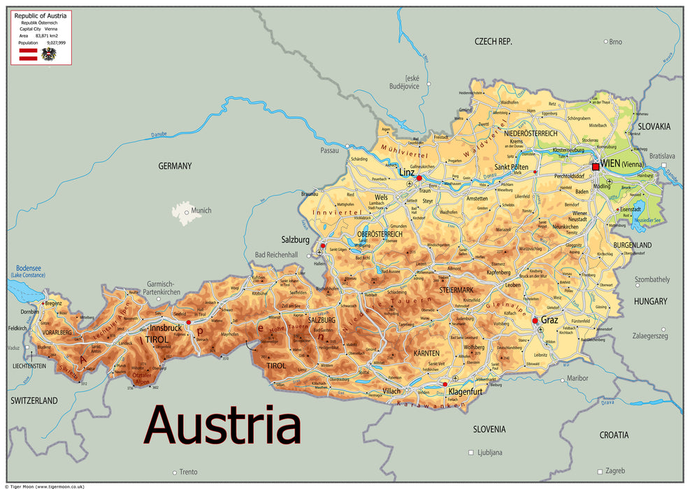 Physical Map of Austria - The Oxford Collection– I Love Maps