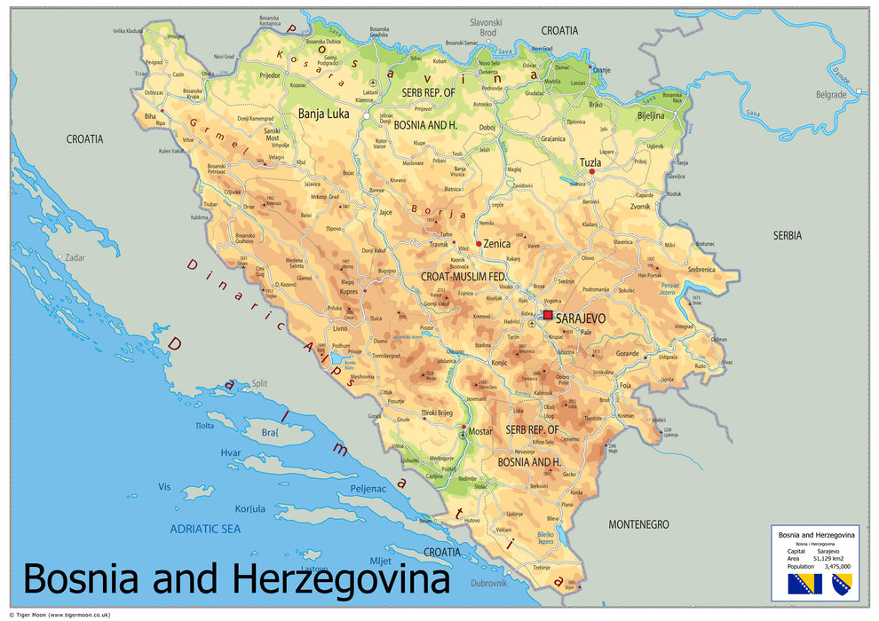 Physical Map of Bosnia - The Oxford Collection