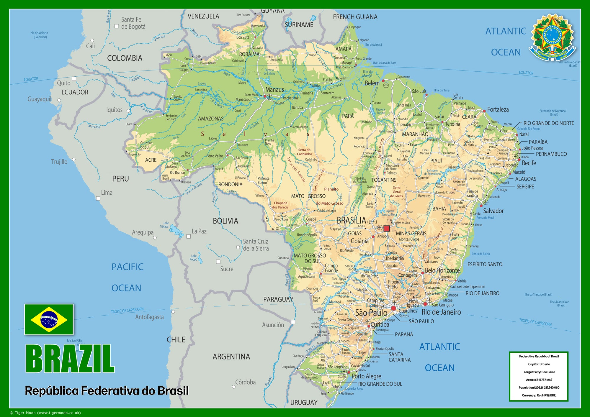 Physical Map of Brazil - The Oxford Collection– I Love Maps