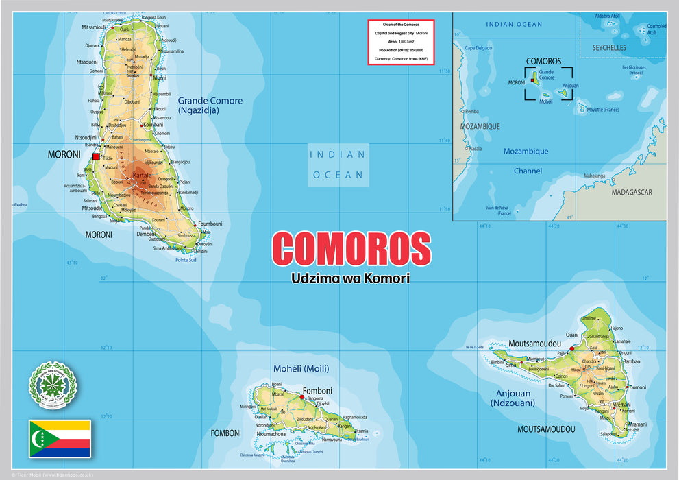 Physical Map of Comoros - The Oxford Collection