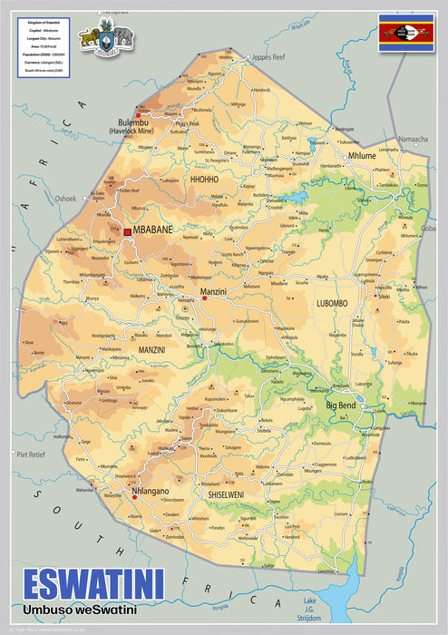 Physical Map of Eswatini - The Oxford Collection