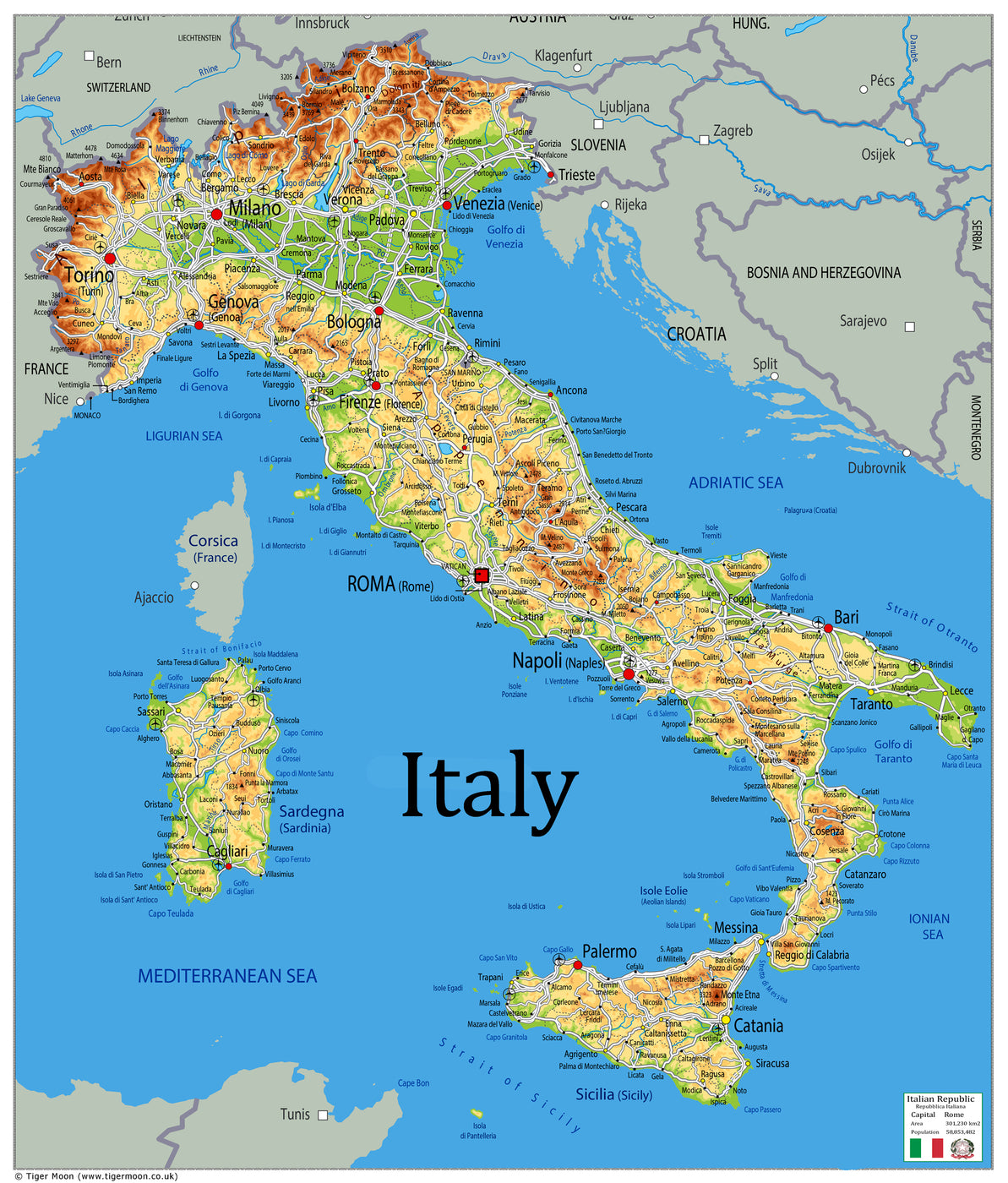 Physical Map of Italy - The Oxford Collection– I Love Maps