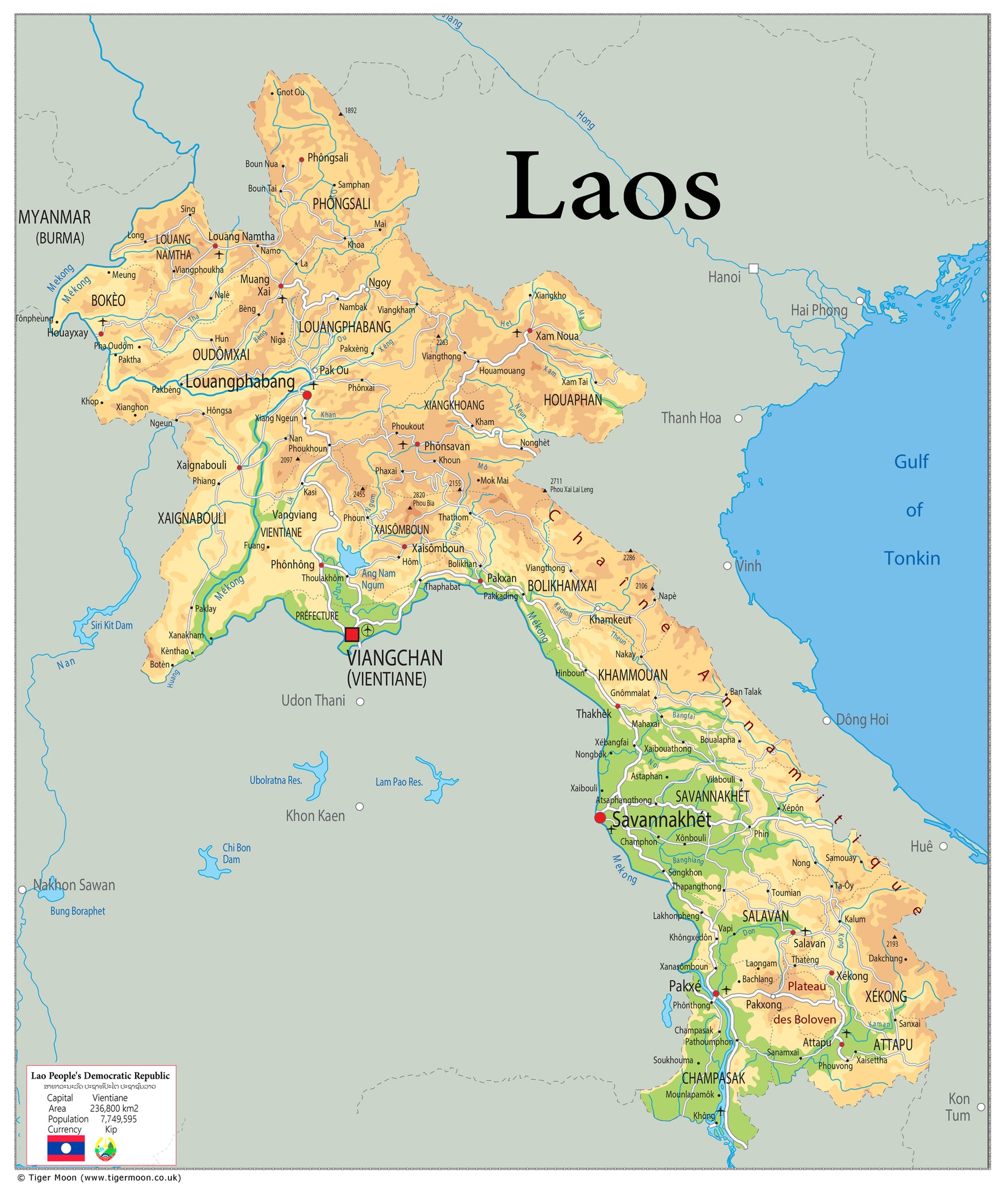 Physical Map of Laos - The Oxford Collection– I Love Maps