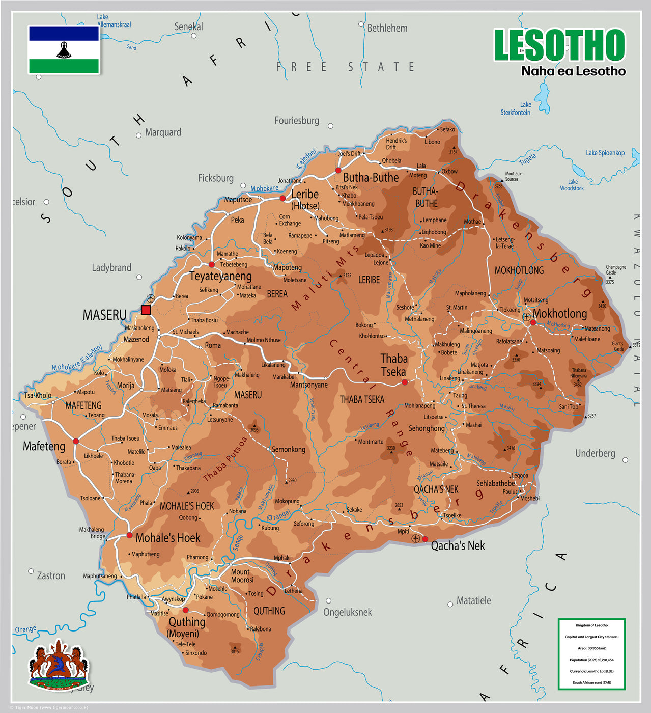 Physical Map of Lesotho - The Oxford Collection– I Love Maps