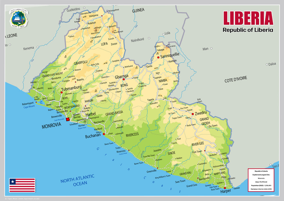 Physical Map of Liberia - The Oxford Collection