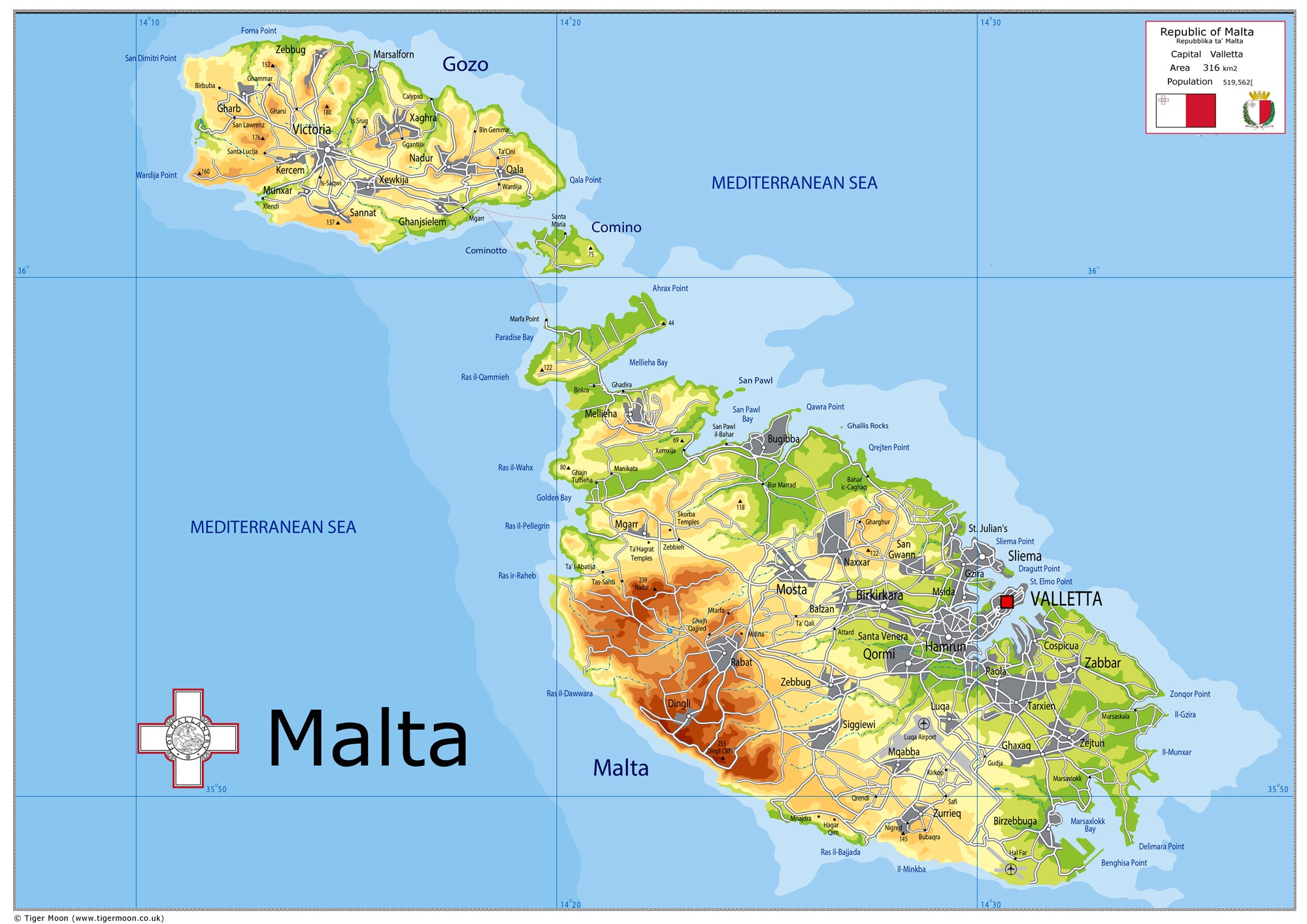 Physical Map of Malta - The Oxford Collection– I Love Maps