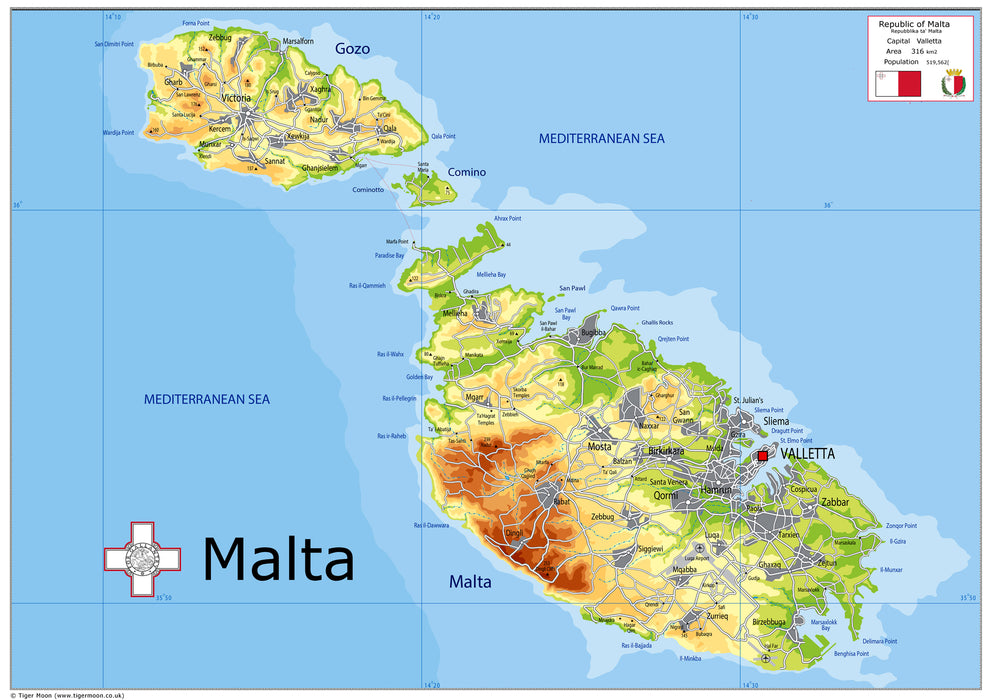 Physical Map of Malta - The Oxford Collection