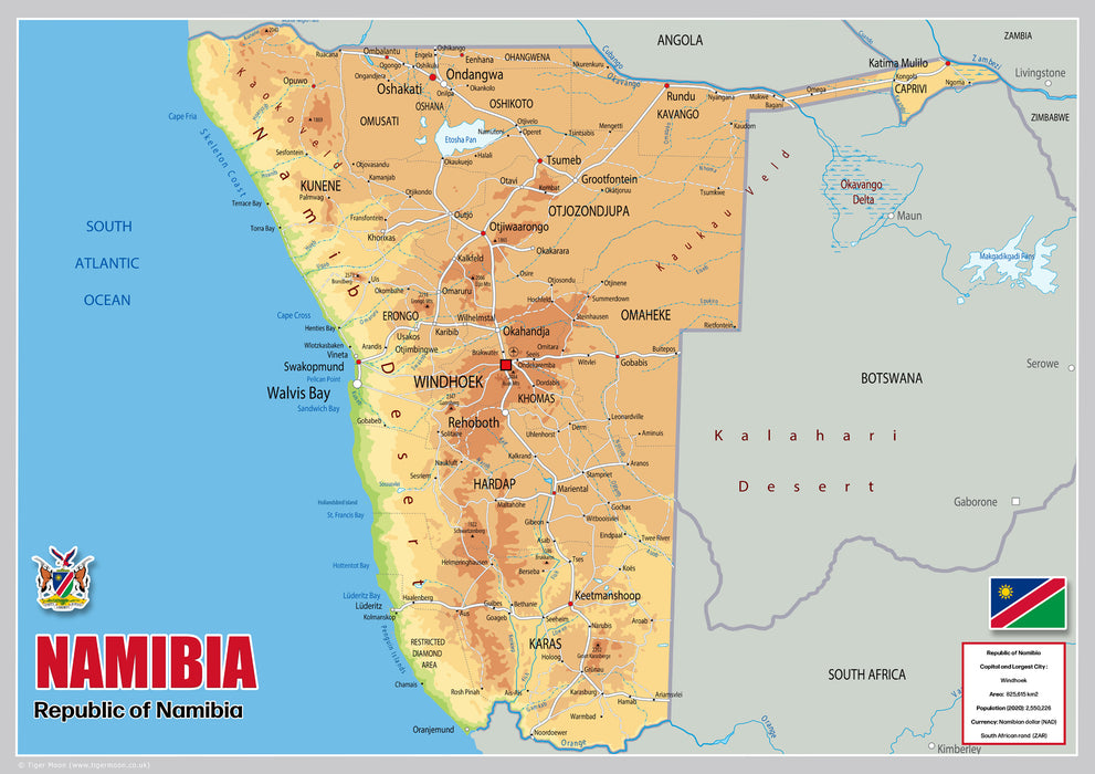 Physical Map of Namibia - The Oxford Collection