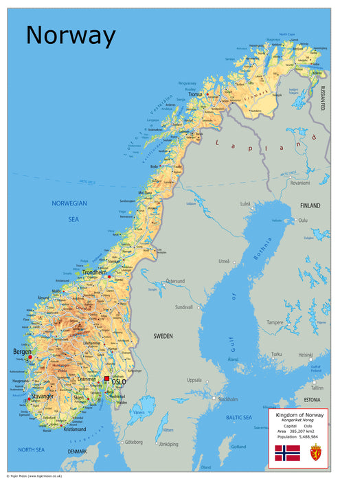 Physical Map of Norway - The Oxford Collection