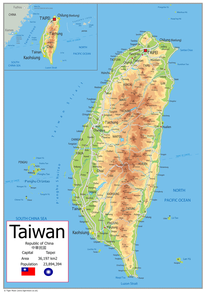 Physical Map of Taiwan - The Oxford Collection | I Love Maps