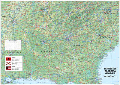 Tennessee, Alabama and Georgia Physical State Map– I Love Maps