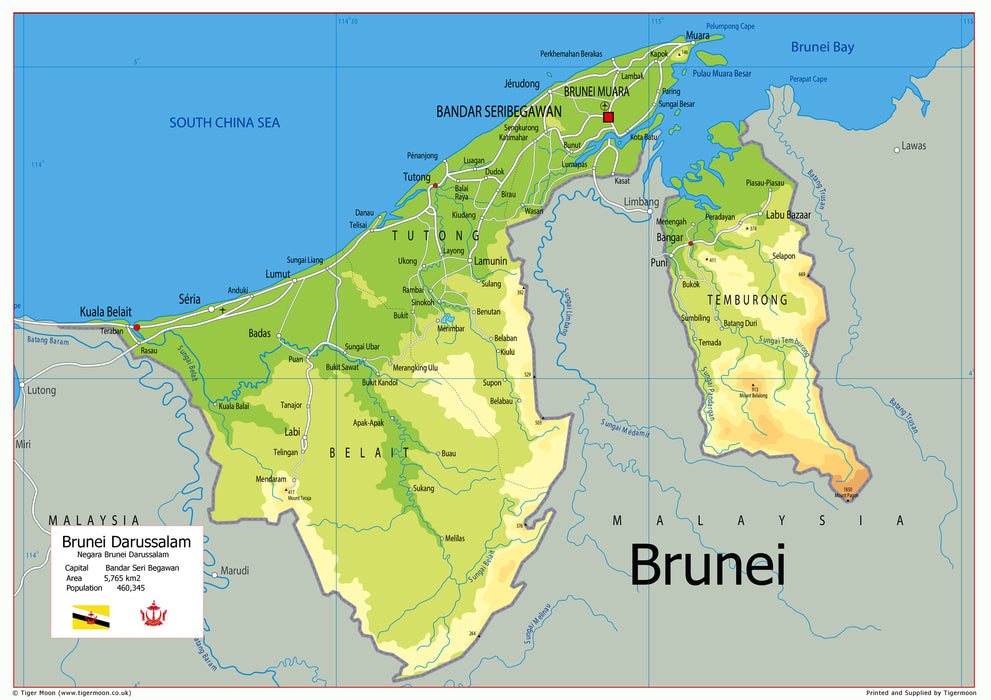 Physical Map of Brunei - The Oxford Collection