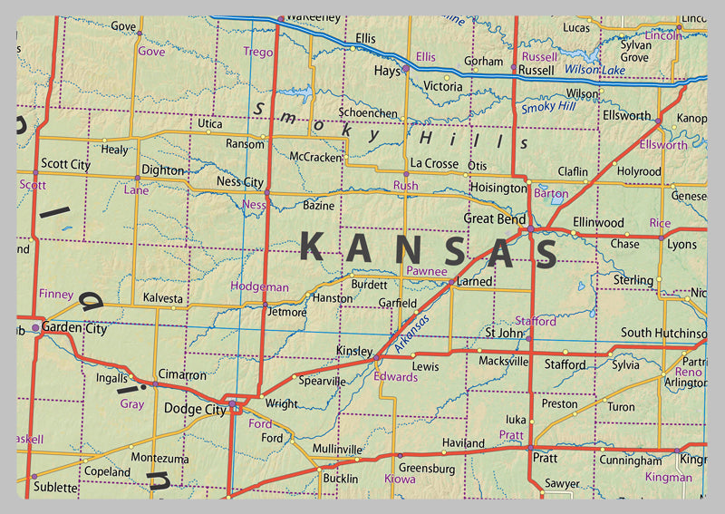 Kansas, Oklahoma, Missouri and Arkansas Physical Map