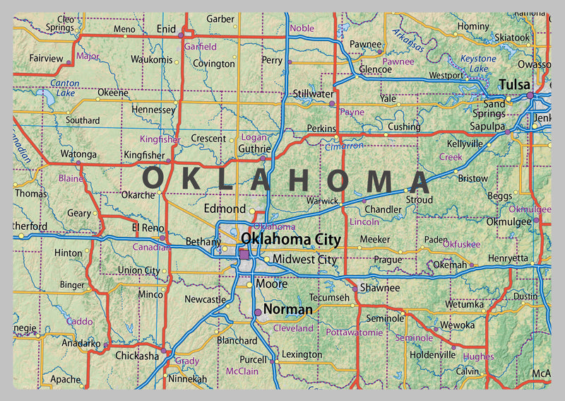 Kansas, Oklahoma, Missouri and Arkansas Physical Map