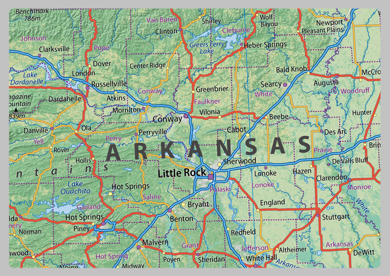 Kansas, Oklahoma, Missouri and Arkansas Physical Map– I Love Maps