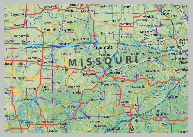 Kansas, Oklahoma, Missouri and Arkansas Physical Map