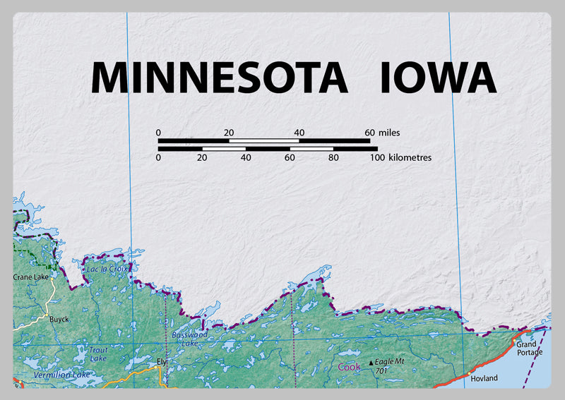Minnesota and Iowa Physical State Map
