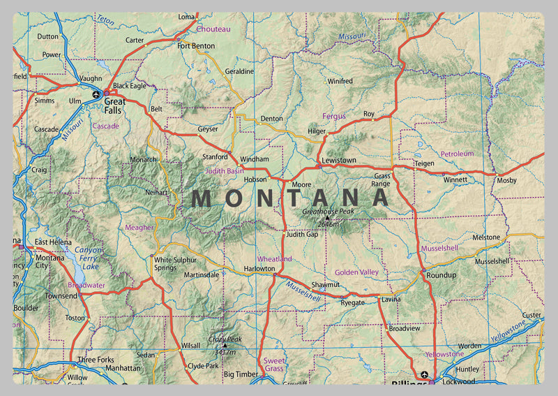 Montana, Idaho and Wyoming Physical Map