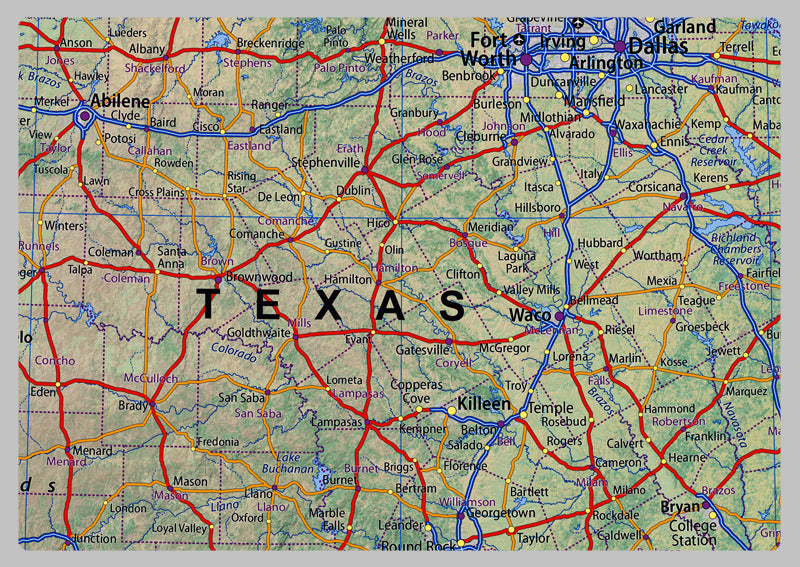 Texas, Louisiana, Arkansas & Mississippi Physical State Map