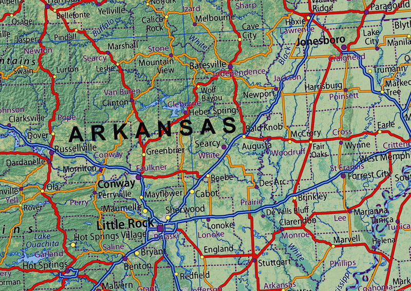 Texas, Louisiana, Arkansas & Mississippi Physical State Map | I Love Maps