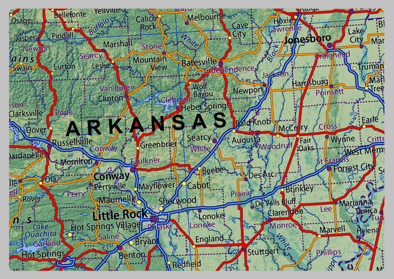 Texas, Louisiana, Arkansas & Mississippi Physical State Map