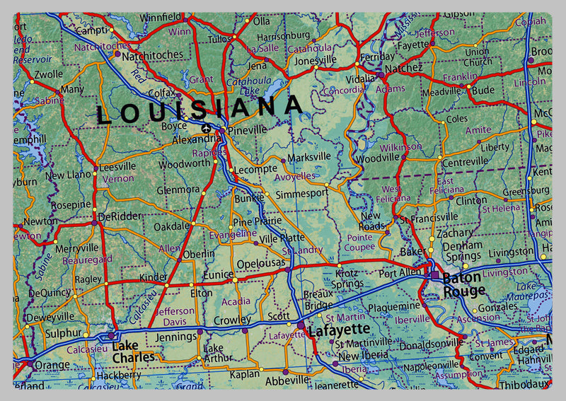 Texas, Louisiana, Arkansas & Mississippi Physical State Map