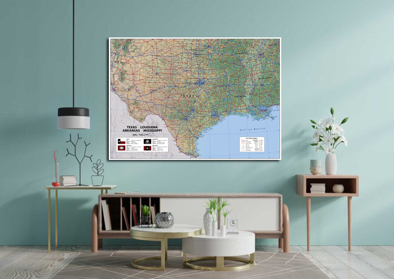 Texas, Louisiana, Arkansas & Mississippi Physical State Map