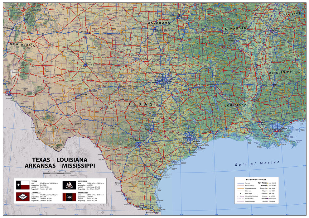 Texas, Louisiana, Arkansas & Mississippi Physical State Map