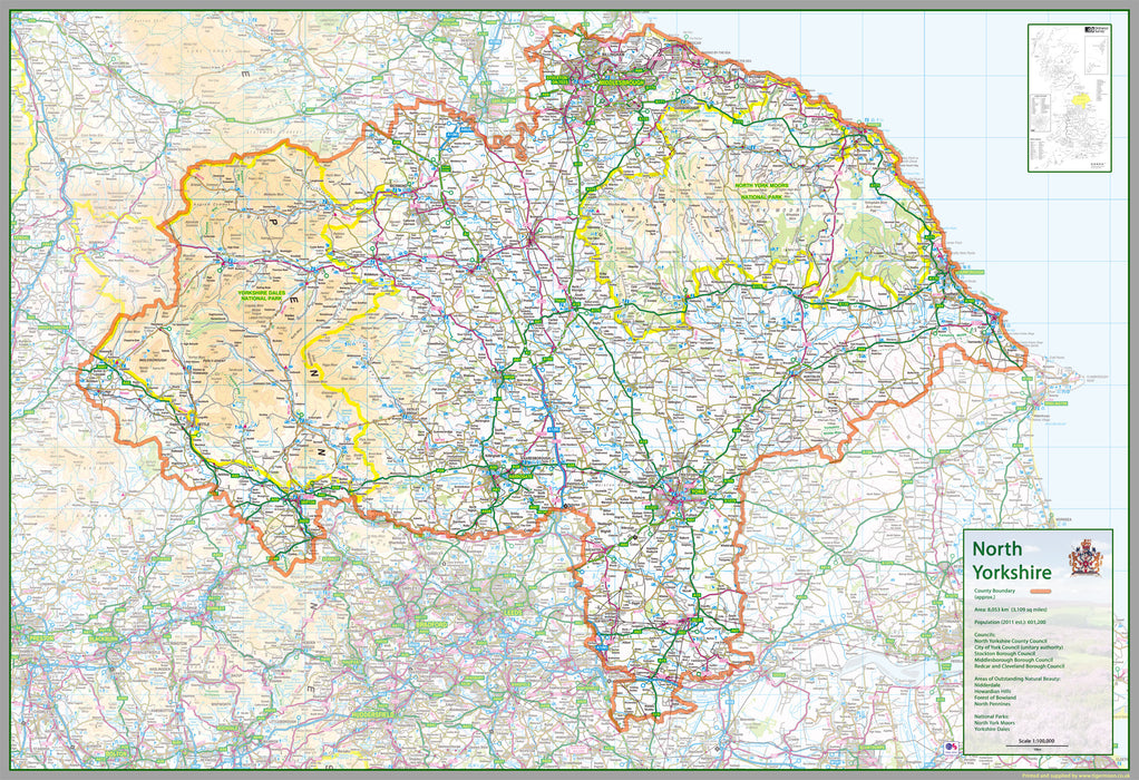 North Yorkshire, the largest non-metropolitan county in England, UK.  This map covers the City of York and towns:      Middlesbrough     York     Harrogate     Scarborough     Redcar     Thornaby-on-Tees     Ingleby Barwick     Saltburn, Marske and New Marske     Guisborough     Ripon     Knaresborough     Selby     Skipton     Whitby