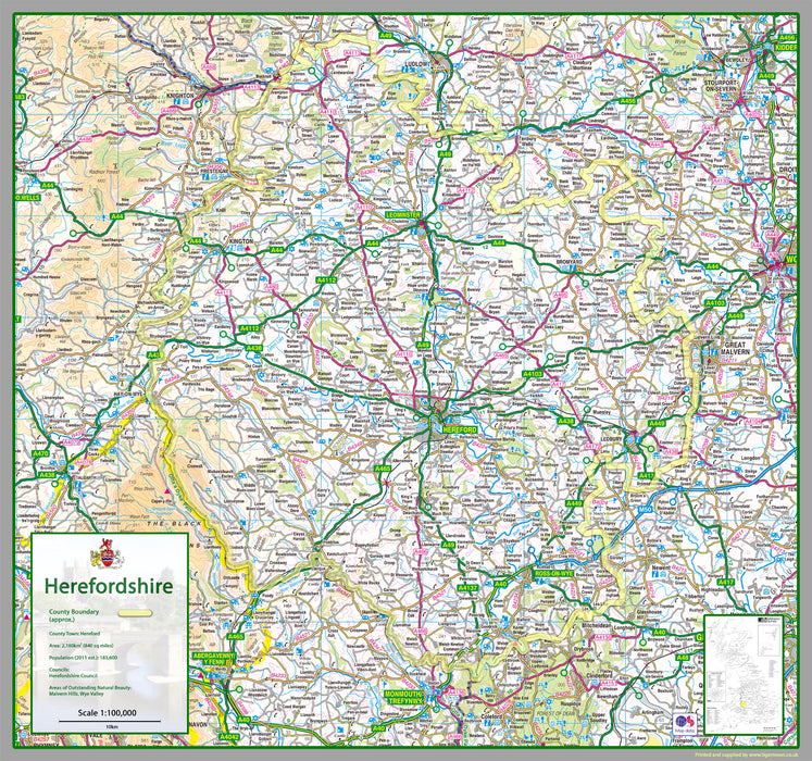 map of Herefordshire, a county in England, UK.  This map covers the cathedral city of Hereford and:      Bromyard‎     Kington     Ledury‎     Leominster     Ross-on-Wye‎