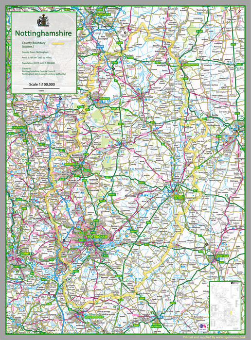 Nottinghamshire, a county in the Midlands of England, UK.  This map covers the City of Nottingham and towns:   Newark  Retford  Mansfield  Beeston  Southwell  Worksop  and the Boroughs of:   Ashfield Bassetlaw Broxtowe Gedling Rushcliffe Mansfield Newark & Sherwood