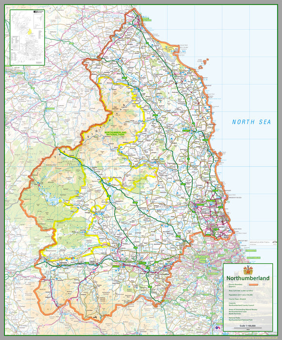 Northumberland, a unitary authority and historic county in the North of England, UK. This map covers the towns of Alnwick and Morpeth