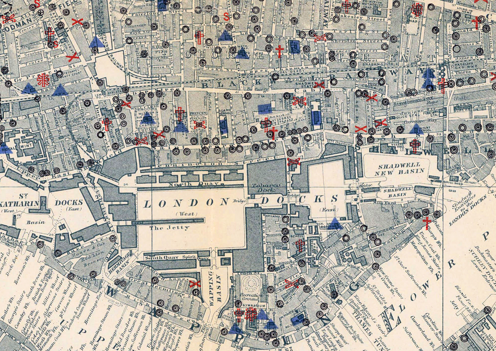 London 1899-1900 Historic Map Showing Places of Worship, Schools, Beer houses, Restaurants, Grocers