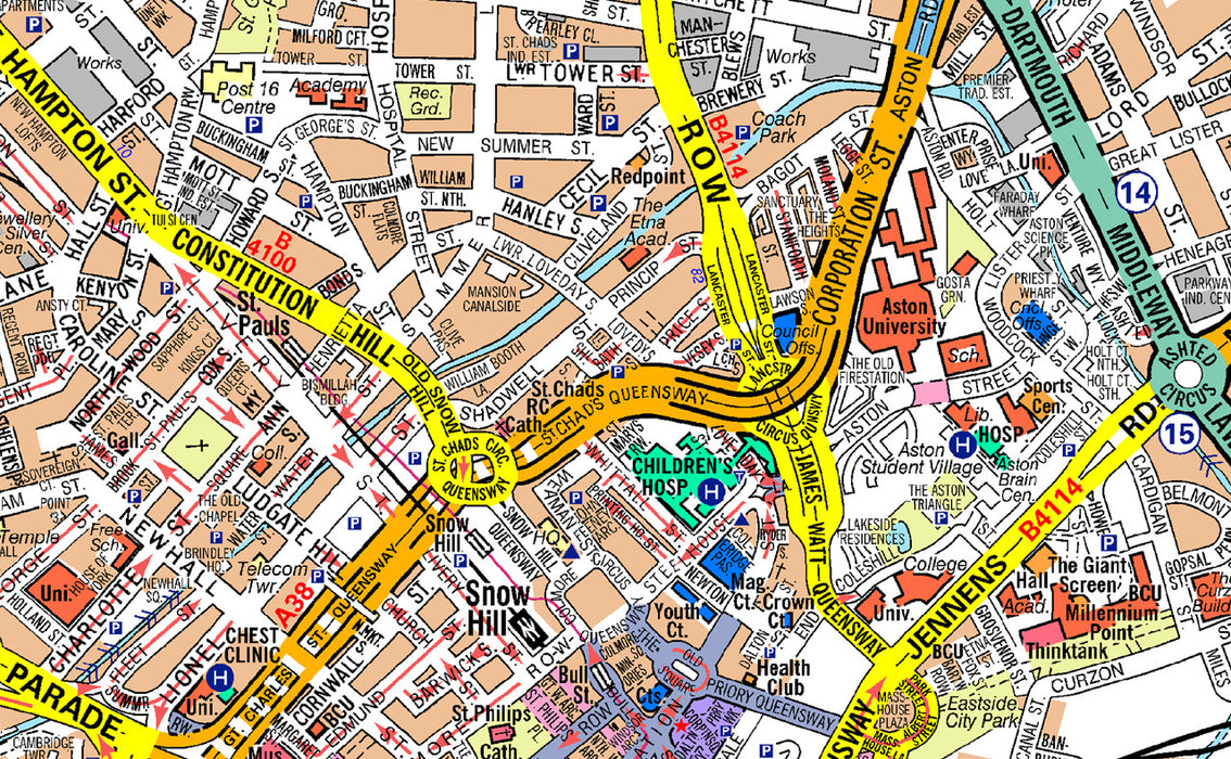 A highly detailed Birmingham A-Z map covering:  The Financial district New Street Station Grand Central Complex Bullring Centre Jewellery Quarter East Side Digbeth South Side Brindley Place & Convention Area Gun Quarter Links to the major motorways - M5, M6, M40 and M42 via the Spaghetti Junction.