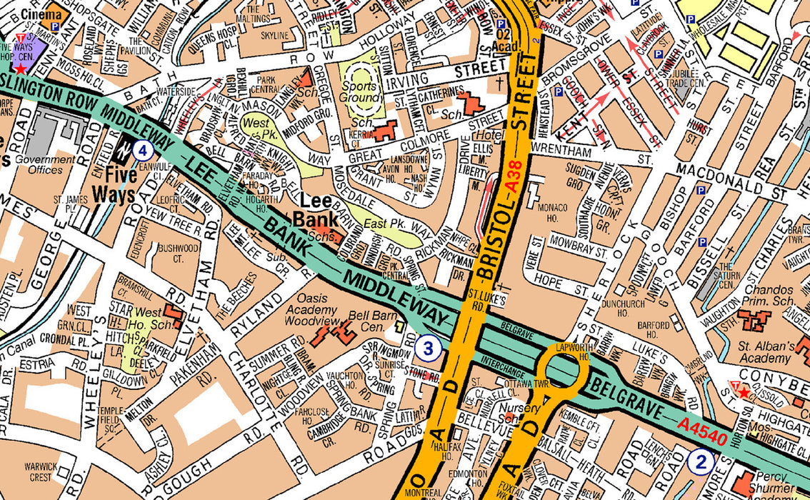 A highly detailed Birmingham A-Z map covering:  The Financial district New Street Station Grand Central Complex Bullring Centre Jewellery Quarter East Side Digbeth South Side Brindley Place & Convention Area Gun Quarter Links to the major motorways - M5, M6, M40 and M42 via the Spaghetti Junction.