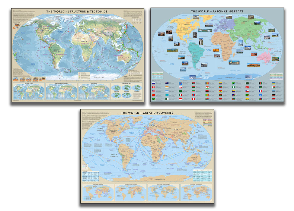 Education Map Set - Set of 3 Maps - Tectonics and Structure, Great Discoveries, Fascinating Facts 3 x maps 100cm x 70cm