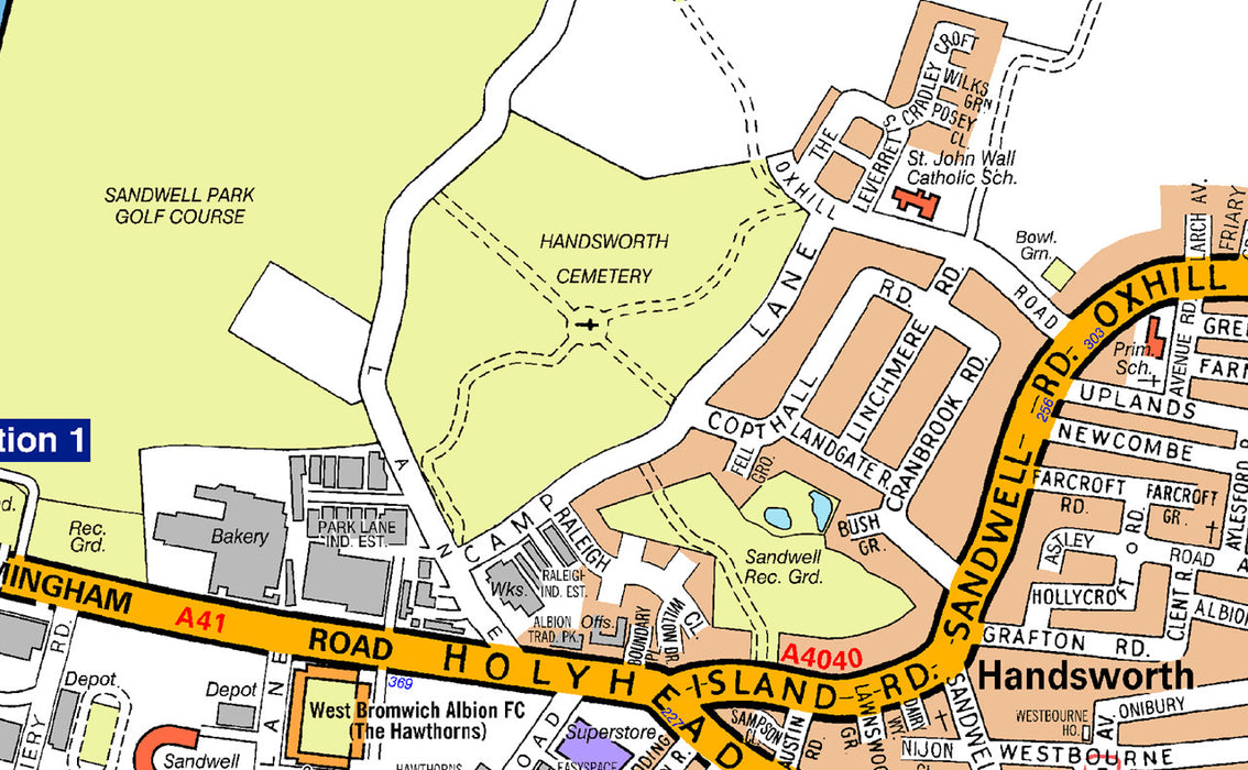 A highly detailed Birmingham A-Z map covering:  The Financial district New Street Station Grand Central Complex Bullring Centre Jewellery Quarter East Side Digbeth South Side Brindley Place & Convention Area Gun Quarter Links to the major motorways - M5, M6, M40 and M42 via the Spaghetti Junction.