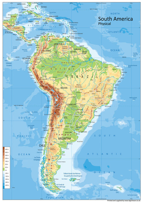 A bright and colourful physical map of South America. South America is a continent entirely in the Western Hemisphere, a good portion in the Southern Hemisphere and a bit in the Northern Hemisphere. It can also be described as a southern subcontinent of the Americas. South America is bordered on the west by the Pacific Ocean and on the north and east by the Atlantic Ocean, North America and the Caribbean Sea lie to the northwest.