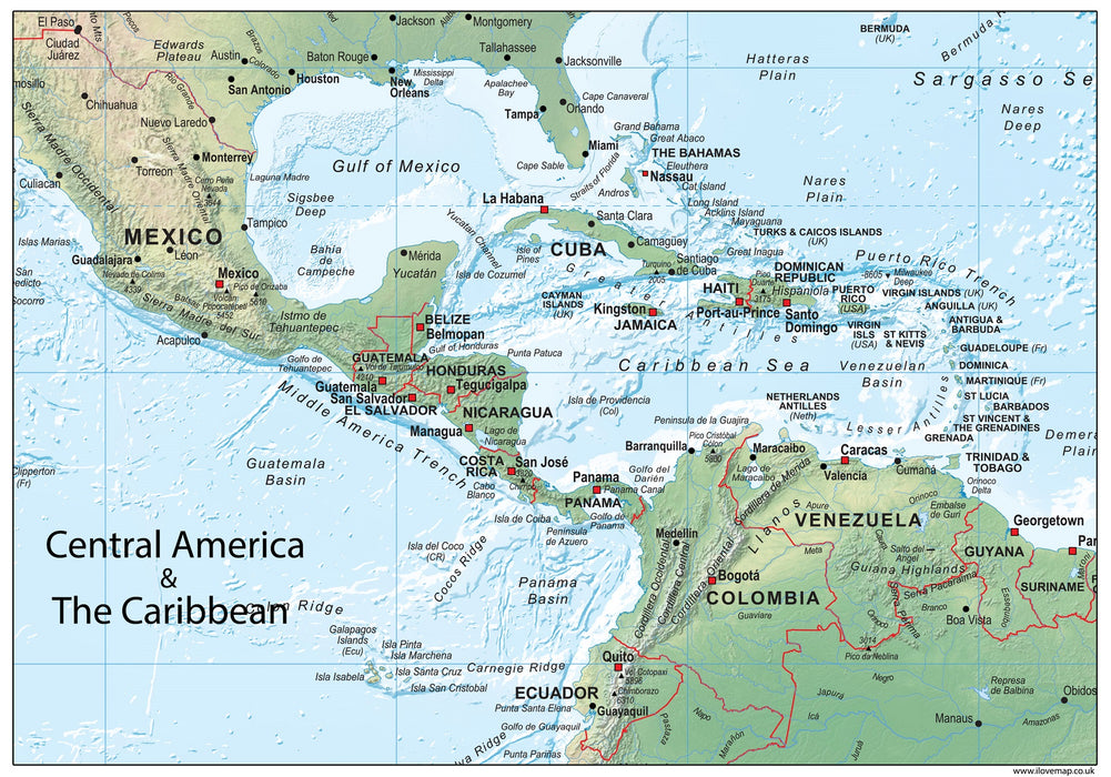 Central America and the Caribbean Physical Map