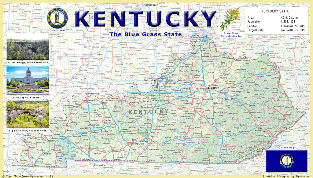 Physical Map of Kentucky - 594 x 339mm - Paper Laminated | I Love Maps