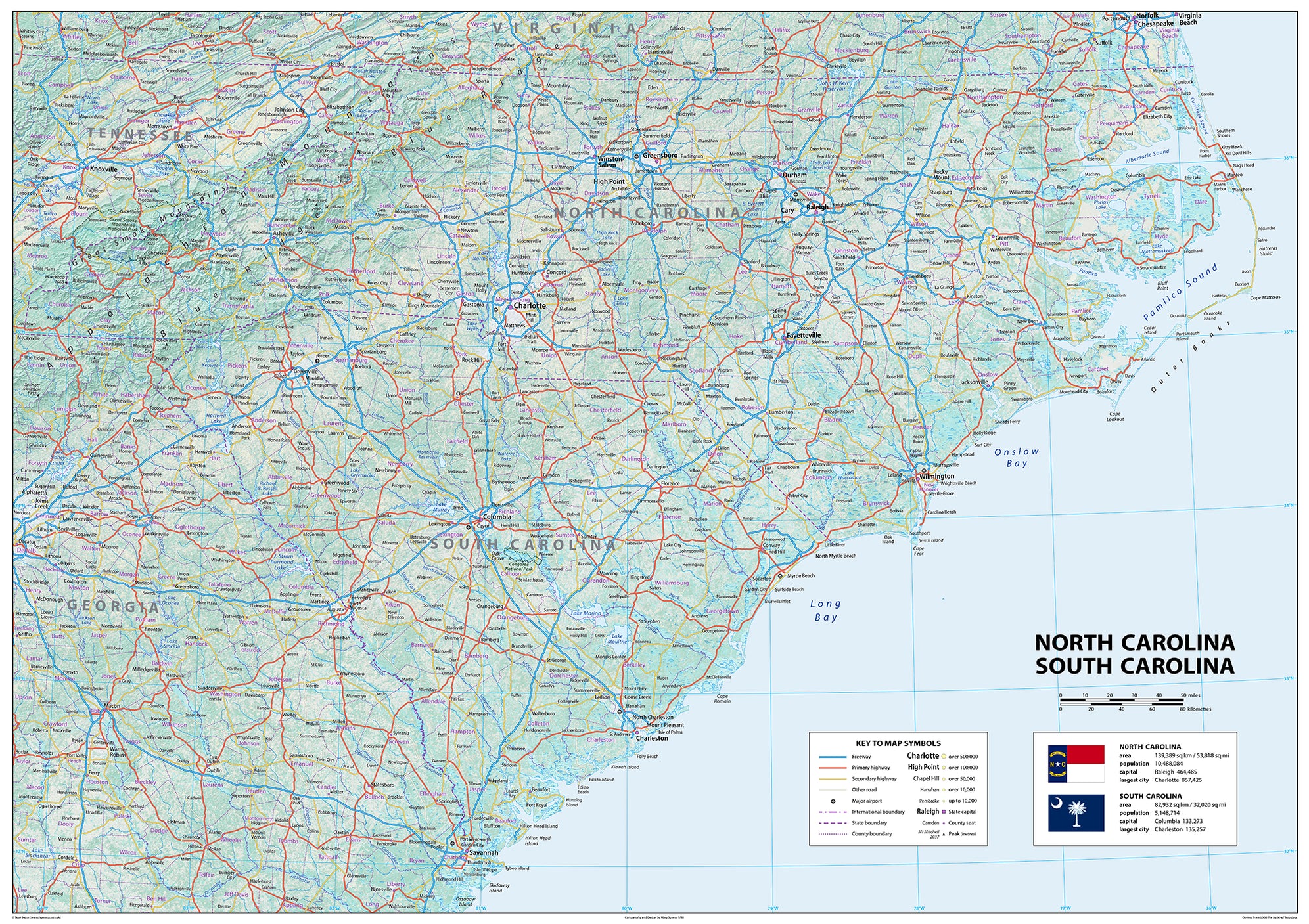 North & South Carolina Physical State Map– I Love Maps